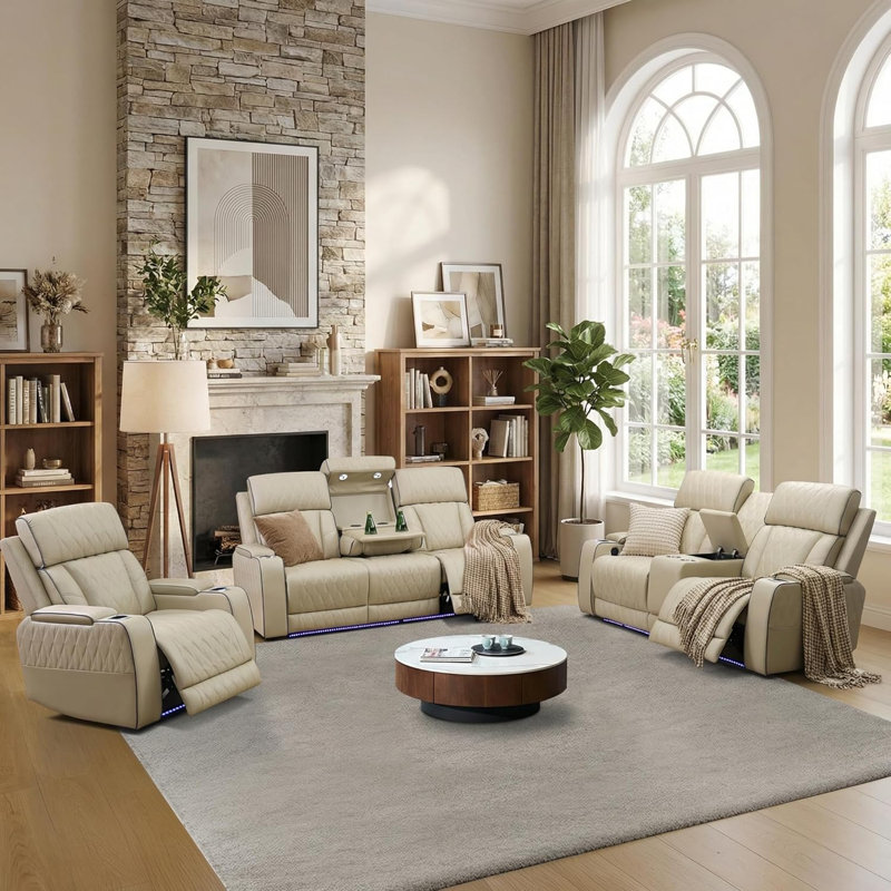 Latitude Run® Kruze Top Grade Breathing Leather 3-Piece Living